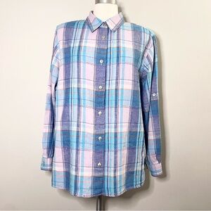 ALFRED DUNNER Plaid Long Roll Tab Sleeve Linen Blend Button Down Shirt